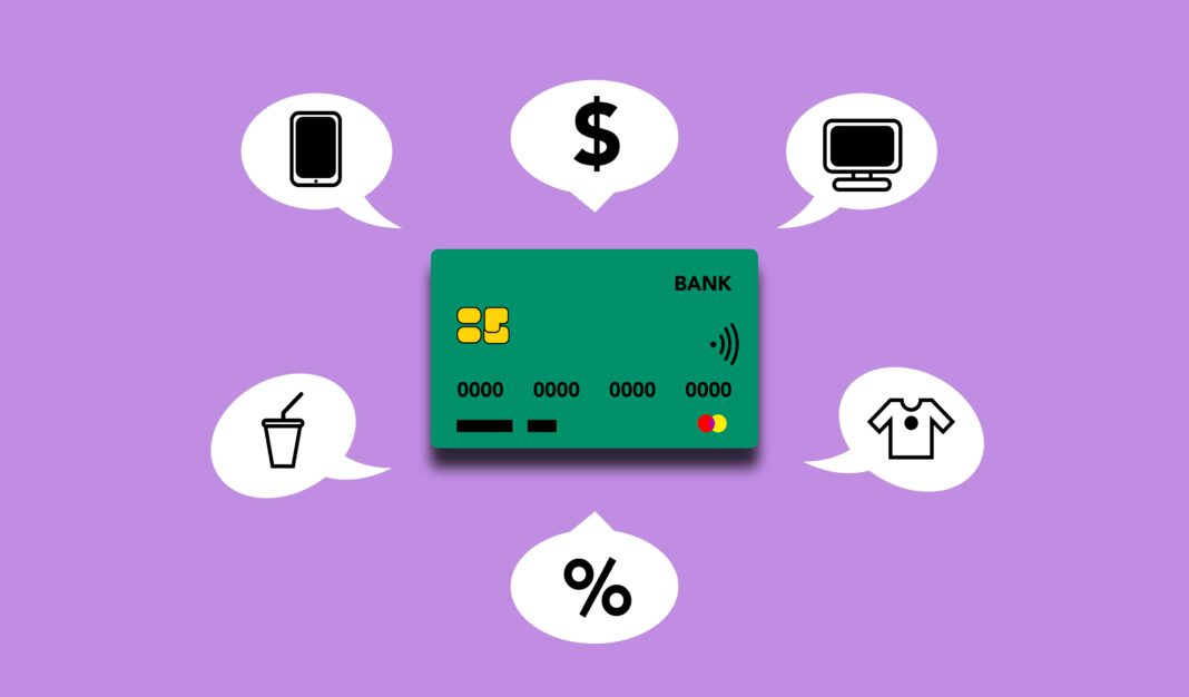 Illustration of a credit card with icons representing online shopping on a purple background.